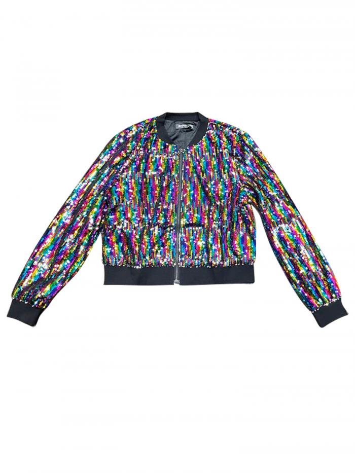 Allegra K ボンバージャケット スパンコールトップ 長袖 シャイニー パーティー ハロウィン衣装 レディース マルチカラー M