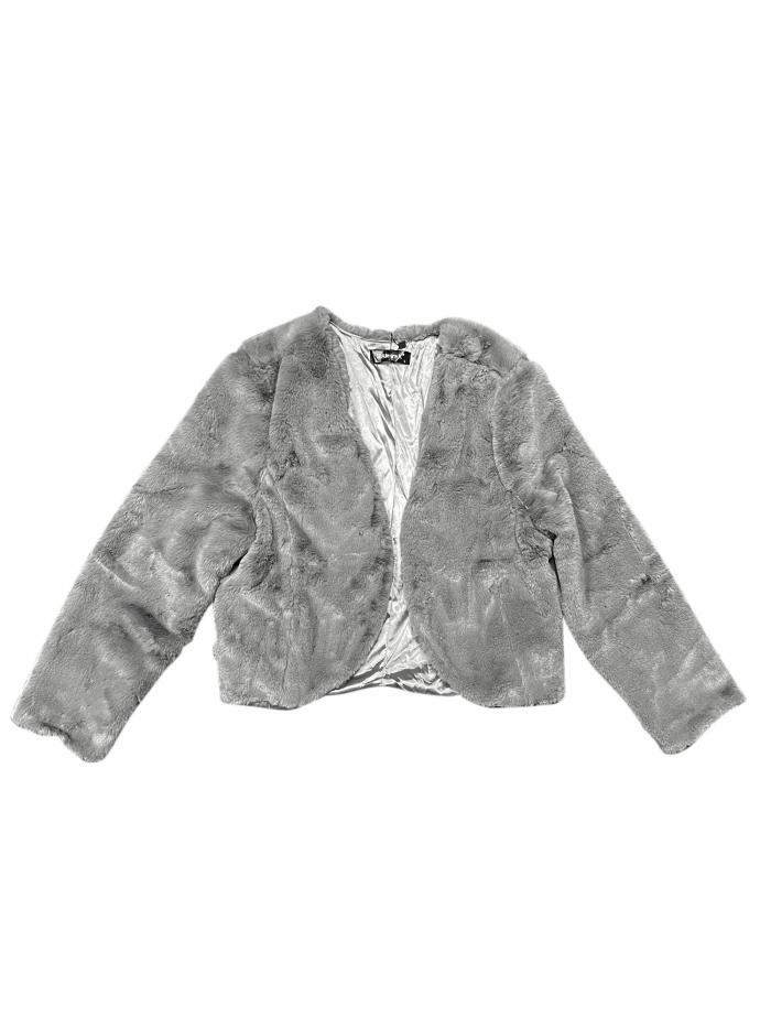 Allegra K ボレロ ウィンターコート カーディガン クロップドジャケット フェイクファー 長袖 オープンフロント レディース グレー XS