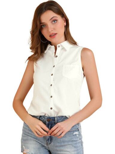 Allegra K シャツ レディース シングルブレスト ポイントカラー ノースリーブ デニム ホワイト XS Allegra K シャツ レディース シングルブレスト ポイントカラー ノースリーブ デニム ホワイト XS