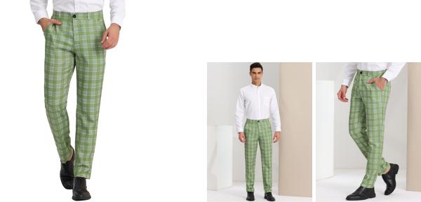 Lars Amadeus ロングパンツ カジュアルズボン 格子縞 チェック柄 ビジネス レギュラー ストレッチ フィット フォーマル プロム メンズ グリーンホワイト 36
