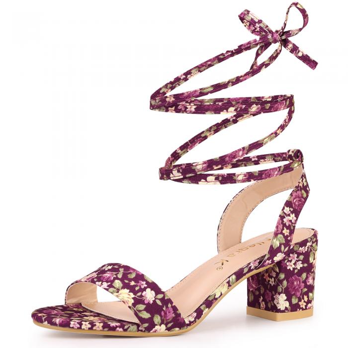 Allegra K レースアップサンダル 花柄 オープントゥ チャンキー ミドルヒール レディース パープル 25.0cm
