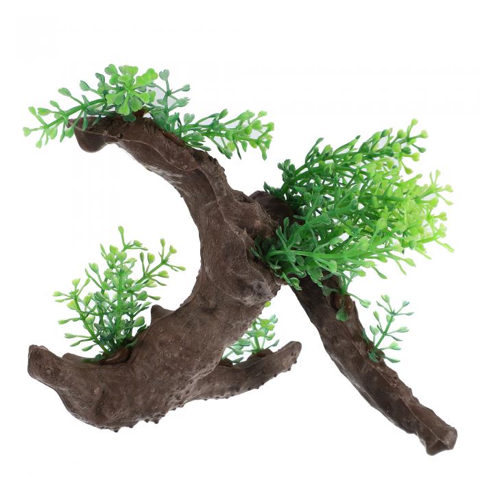 VOCOSTE 水族館の装飾樹脂の木の幹の飾り 水生ペットが遊んだり休んだりするための樹脂の魚のアクセサリー 緑ブラウン 長さ19.5cm