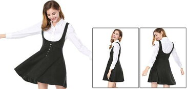ソウテン Allegra K サスペンダースカート ジャンパースカート フレア Aライン フロントボタン 可愛い レディース ブラック 3XL