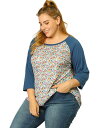 Tシャツ トップス プラスサイズ 花柄 カラーブロック ラグランスリーブ カジュアル レディース ブルー 4XL(4)