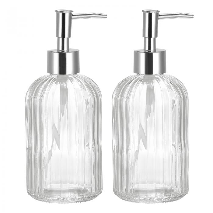 ソープディスペンサーセット ガラス皿 ハンドソープディスペンサー ポンプ付き キッチン用 シルバー トイレ用 2個 クリア 400ml
