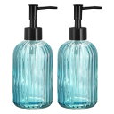 ソープディスペンサーセット ガラス皿 ハンドソープディスペンサー ポンプ付き キッチン用 トイレ用 2個 ブラック ブルー 400ml