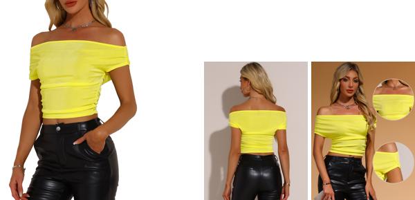 Allegra K レディース オフショルダー トップス 半袖 ベーシック スリムフィット クロップ Tシャツ イエロー S