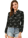 Allegra K 花柄 ボウタイブラウス フリルネック 長袖 トップス レディース ブラック S