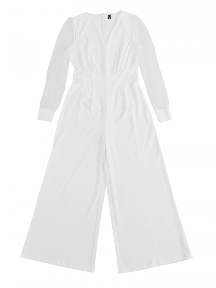Allegra K ジャンプスーツ ワイドレッグ ロンパース エレガント V ネック メッシュ長袖 ルーズ パーティー レディース ホワイト S