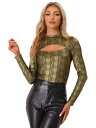Allegra K トップス カットアウト Tシャツ ブラウス モックネック 長袖 セクシー プリントグリッター パーティー レディース ブラックゴールド M(4)