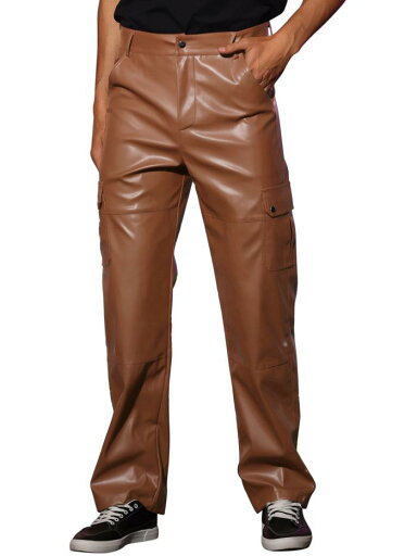 Lars Amadeus パンツ フェイクレザー レトロ スリムフィット ヒップホップ オートバイ カーゴ パンク メンズ ブラウン 32 Lars Amadeus パンツ フェイクレザー レトロ スリムフィット ヒップホップ オートバイ カーゴ パンク メンズ ブラウン 32