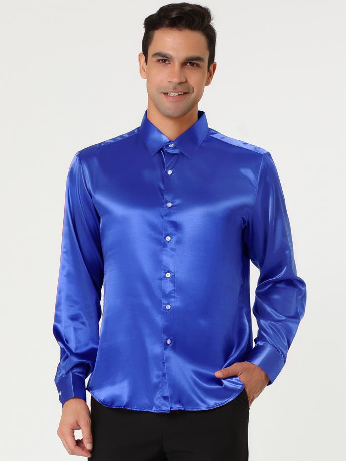 Lars Amadeus サテンシャツ ワイシャツ 光沢 無地 長袖 ボタンダウン 社交ダンス衣装 ステージ オールシーズン 12色 Yシャツ メンズトップス ブルー S