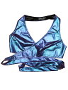 Allegra K クロップトップ タンクトップ ディープVネック ホログラフィック メタリック ホルターネック ハロウィン衣装 ストライプ レディース ブルーパープル L
