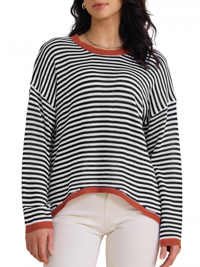 Allegra K レディース ストライプセーター カジュアル カーブヘム ドロップショルダー セーター プルオーバー トップス ブラック 2XL