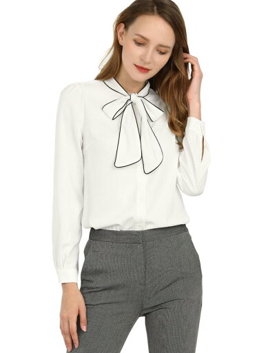 Allegra K ボウタイブラウス リボンブラウス リボンタイ シャツ 長袖 無地 オフィス レディース ホワイト 3XL Allegra K ボウタイブラウス リボンブラウス リボンタイ シャツ 長袖 無地 オフィス レディース ホワイト 3XL