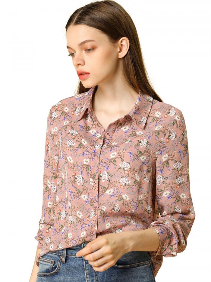 Allegra K 花柄シャツ ブラウス 長袖 おしゃれ ボタンダウン 通勤 オフィス カジュアル レディース ピンク XXL