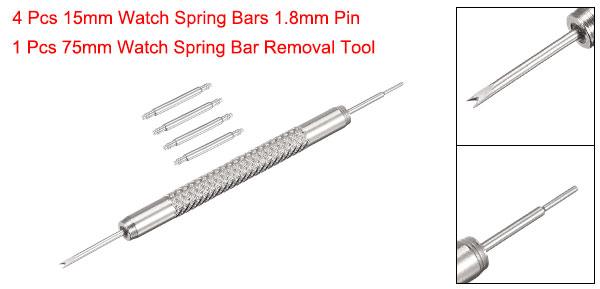 時計バンドピン交換キット ステンレス鋼 15 mm 時計スプリングバーピン 4個 直径1.8 mmスプリングバー取り外しツール付き