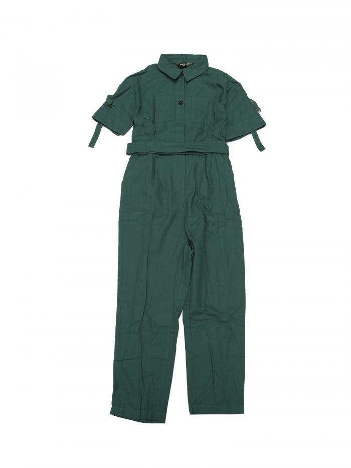 Allegra K ジャンプスーツ ボタンアップ タイウエストポケット付き ターンダウンカラー レディース ブルーグリーン S