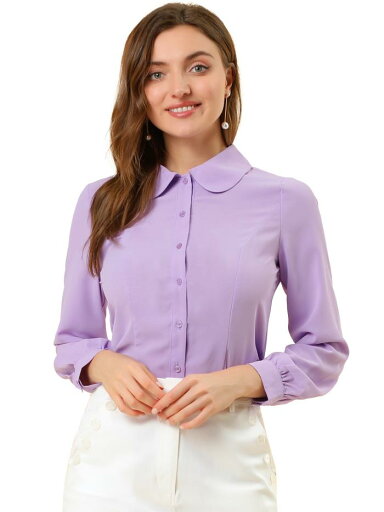 Allegra K 丸襟ブラウス シャツ オフィス 長袖 ビショップスリーブ レディース パープル M Allegra K 丸襟ブラウス シャツ オフィス 長袖 ビショップスリーブ レディース パープル M