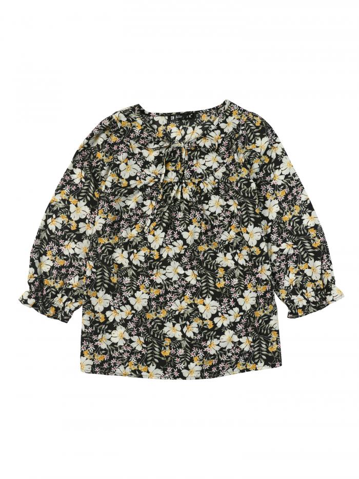 Allegra K 花柄 ブラウス トップス 柄 ブラウス 七分袖 フリルネック レディース ブラック S(4)