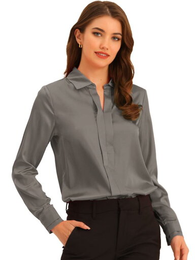 Allegra K オフィスブラウス 長袖 vネック 無地 プリーツ ベルト付き レディース グレー XL Allegra K オフィスブラウス 長袖 vネック 無地 プリーツ ベルト付き レディース グレー XL