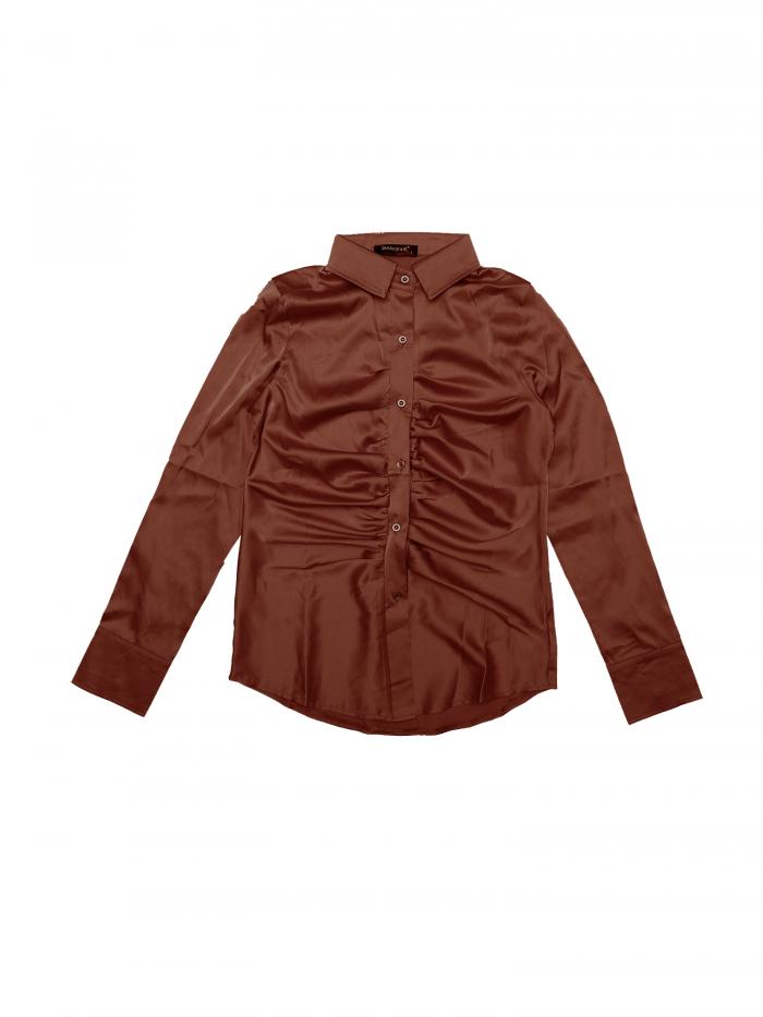 Allegra K ボタンアップシャツ サテンブラウス 長袖トップス ポイントカラー ファッション レディース コーヒー 2XL