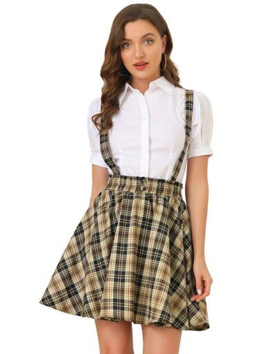 Allegra K サスペンダースカート タータンチェック フレア ボタン飾り かわいい レディース ブラウンベージュ XS Allegra K サスペンダースカート タータンチェック フレア ボタン飾り かわいい レディース ブラウンベージュ XS
