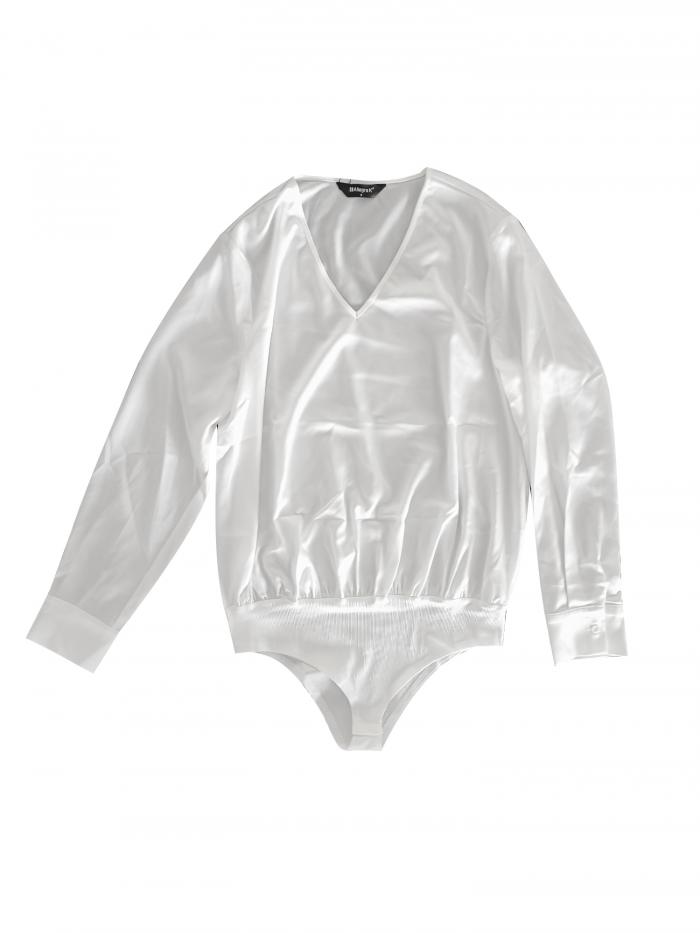 Allegra K レディース サテンレオタード Vネック 長袖 フォーマルボディスーツ トップス Tシャツ ホワイト XS