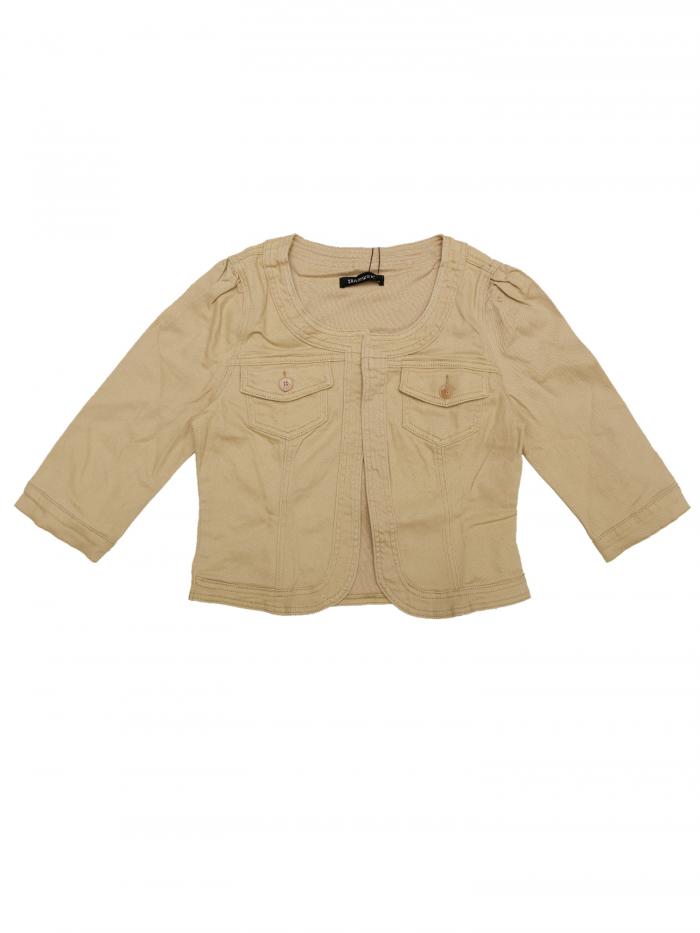 Allegra K デニムジャケット ジーンズコート ボレロ カーディガン ノーカラー 五分袖 胸ポケット レディース カーキ XS(4)