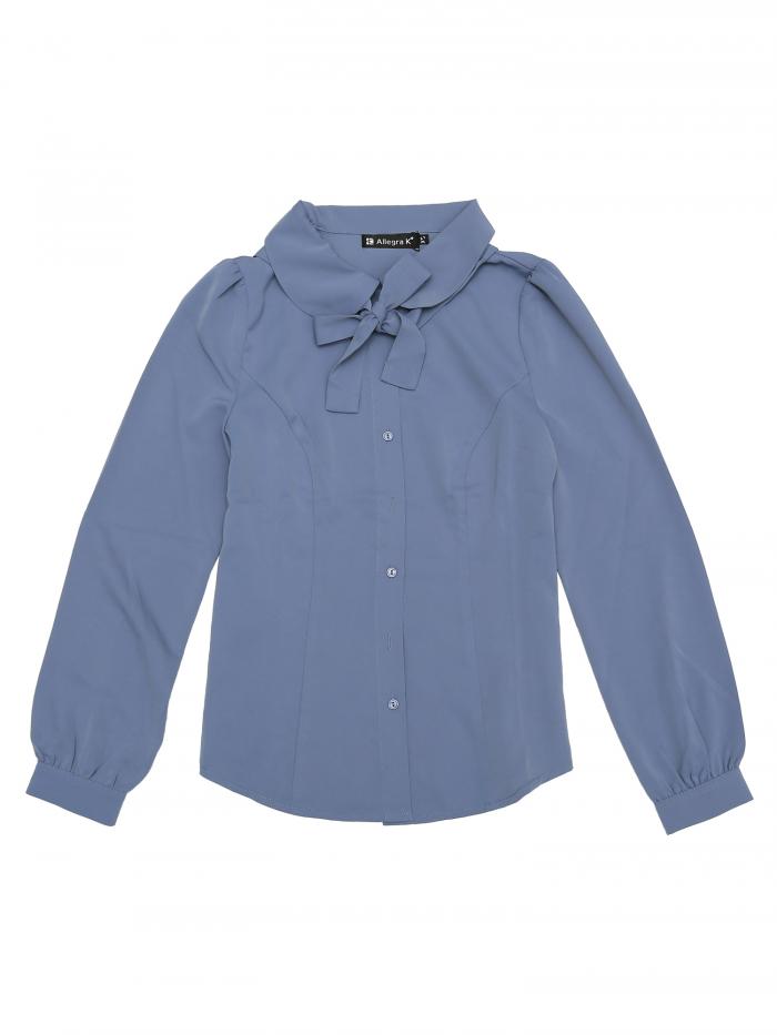 Allegra K リボン ブラウス 丸襟 ボウタイ 蝶ネクタイ 白 シャツ 長袖 事務服 オフィス レディース ダスティブルー XS