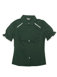 Allegra K 丸襟 ブラウス ボタンダウンシャツ ビンテージ コントラスト トリム パフ半袖 レディース ダークグリーン XL