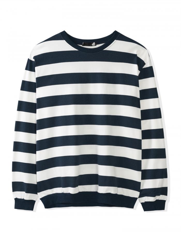 Lars Amadeus プルオーバー ストライプ トレーナー ラウンドネック 長袖 プリント メンズ ネイビーホワイト M