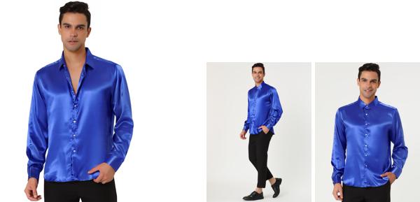 Lars Amadeus サテンシャツ ワイシャツ 光沢 無地 長袖 ボタンダウン 社交ダンス衣装 ステージ オールシーズン 12色 Yシャツ メンズトップス ブルー S