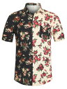 Lars Amadeus パッチワークシャツ リーフプリント サマーシャツ レギュラーフィット 半袖トップス 花柄 ハワイアン ポケット付き メンズ ブラックピンク M