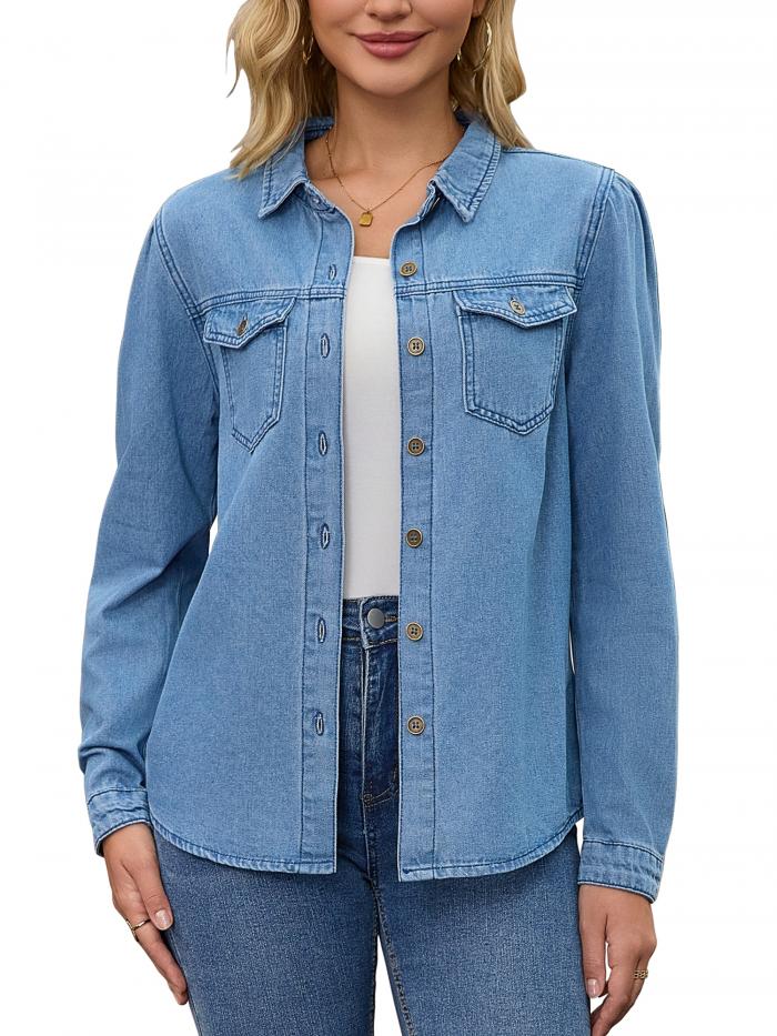 CIMUK レディース デニムシャツ パフ 長袖 ボタンダウンシャツ ポケット付き カジュアル ワークブラウス ジーンズトップス ブルー S