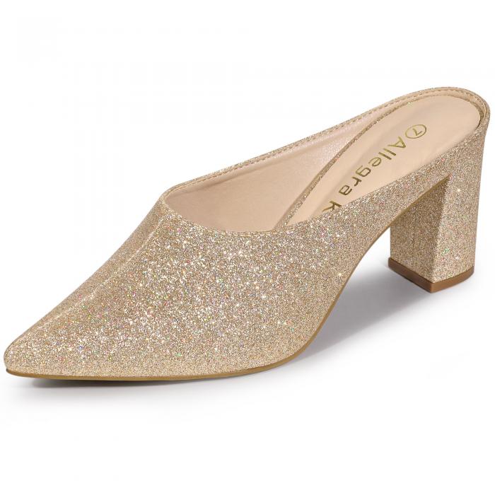 Allegra K グリッター スライド ミュール チャンキーヒール ポインテッドトゥ レディース ゴールド 27.0 cm