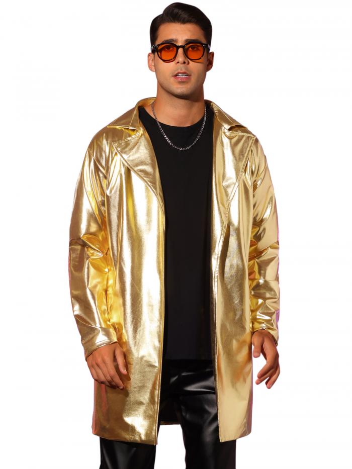 Lars Amadeus トレンチ コート ロングコート 長袖ジャケット メタリック ラペル ヒップホップ 光沢のあ..