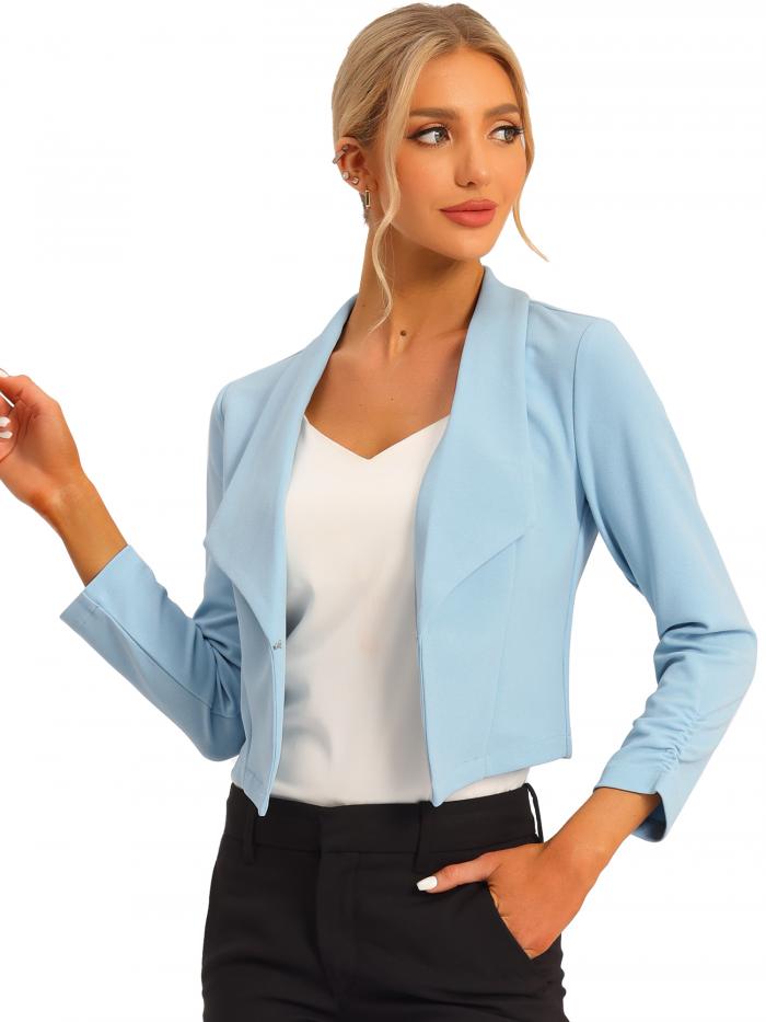 Allegra K ショート ジャケット クロップド ブレザー 前開き オフィス 事務服 無地 レディース ライトブルー L