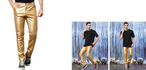 Lars Amadeus メタリックパンツ 光沢パンツ スリムフィット ナイト クラブ ディスコ シャイニー フェイクレザー メンズ ゴールデン 32