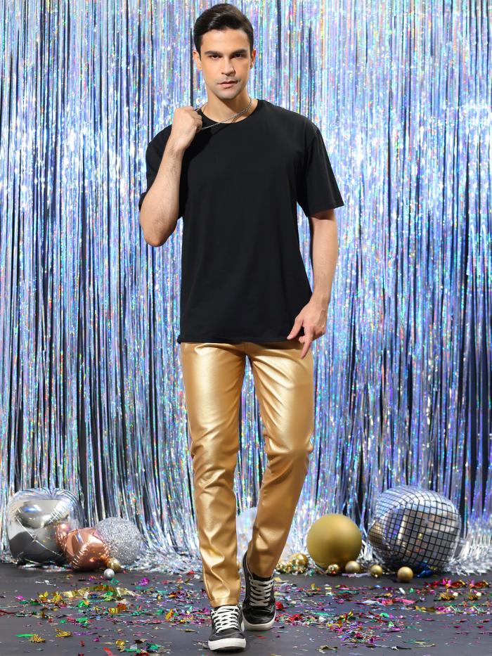 Lars Amadeus メタリックパンツ 光沢パンツ スリムフィット ナイト クラブ ディスコ シャイニー フェイクレザー メンズ ゴールデン 32