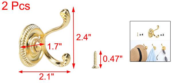 ソウテン デュアルローブフック 亜鉛合金 壁掛けフックコートタオルウォールクラスプ バスルームDIYハンガー ネジ付き ホームストレージ ゴールドトーン 2個