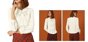 ソウテン Allegra K リボン ブラウス 丸襟 ボウタイ 蝶ネクタイ 白 シャツ 長袖 事務服 オフィス レディース ホワイト S