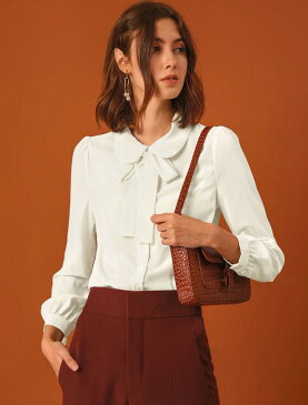 ソウテン Allegra K リボン ブラウス 丸襟 ボウタイ 蝶ネクタイ 白 シャツ 長袖 事務服 オフィス レディース ホワイト S