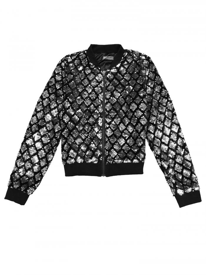 Allegra K ボンバージャケット スパンコール 長袖 ジッパーアップ レディース シルバー XL