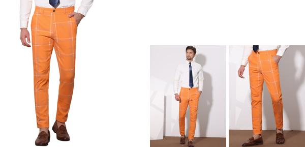 Lars Amadeus ロングパンツ カジュアルズボンドレス チェック柄 スリム フィット フラット フロント ビジネス メンズ オレンジ 36