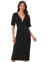 Allegra K ミディドレス フレアワンピース ディープVネック 半袖 Aライン スイング セクシー レディース ブラック XS