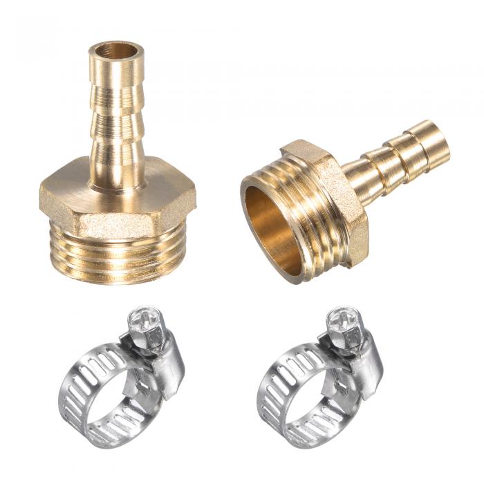 真鍮ホースバーブ継手 ストレート 8mm x G1/2オスねじ パイプコネクター ステンレス鋼ホースクランプ付き 2パック