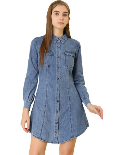 Allegra K デニム シャツワンピース チュニック 長袖 ビショップスリーブ カジュアル レディース スカイブルー S Allegra K デニム シャツワンピース チュニック 長袖 ビショップスリーブ カジュアル レディース スカイブルー S