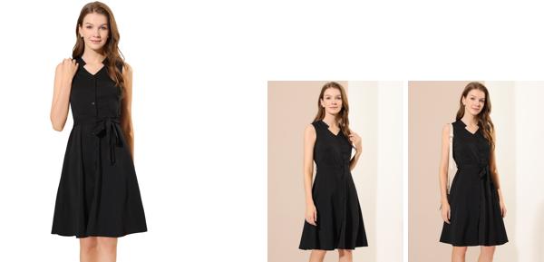 Allegra K ワンピース ノースリーブ Vネック ミディボタンフロントドレス レディース ブラック M