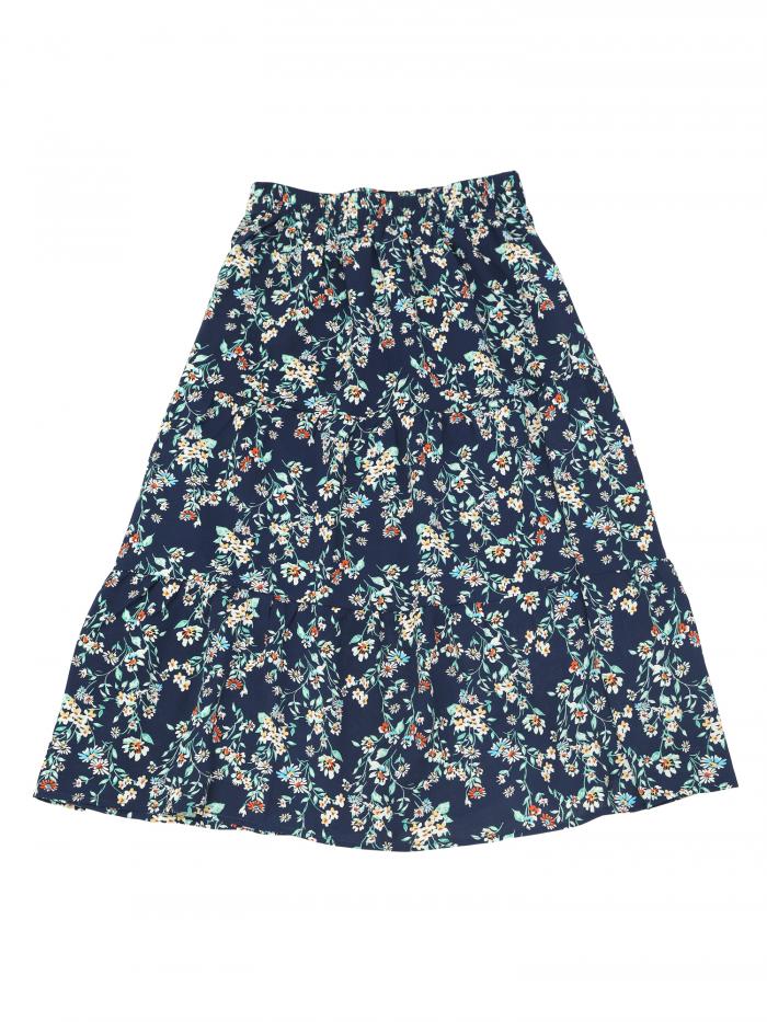 Allegra K ミディスカート ティアード 花柄 aライン ハイウェスト ひざ丈 ウエストゴム レディース ダークブルー Mのサムネイル